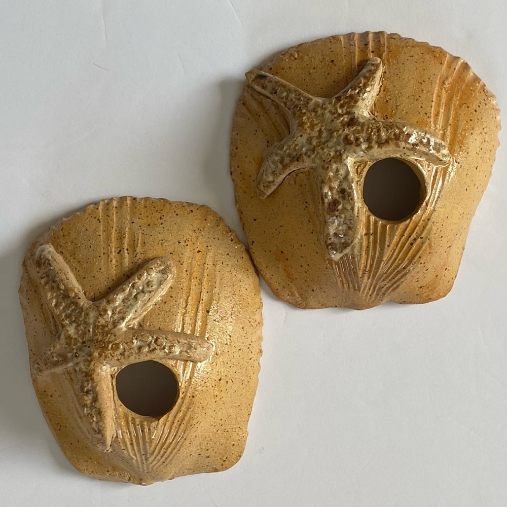 Starfish Candle Holders Signed Handmade Pottery On Shell Taper Beige Beach EUC